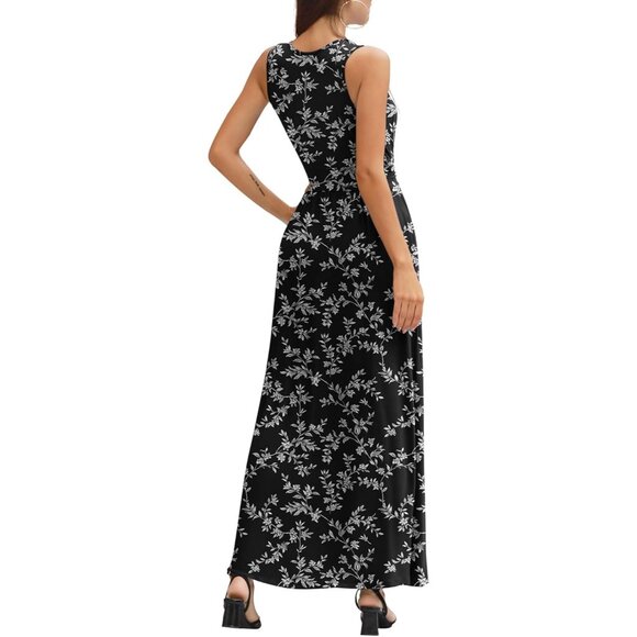 Women Black Leaves Deep V Neck Sleeveless Loose Plain Long Maxi Stretchy Dress - Picture 6 of 6